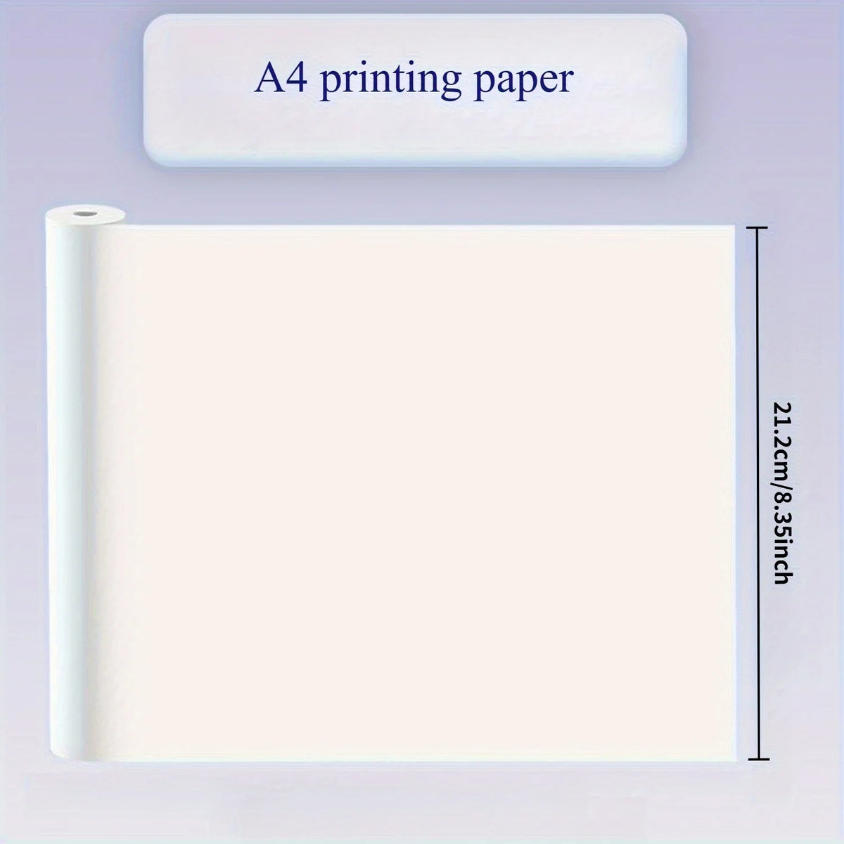 Rouleau de papier A4 partiellement déroulé, coté à 21,2 cm soit 8,35 pouces de largeur