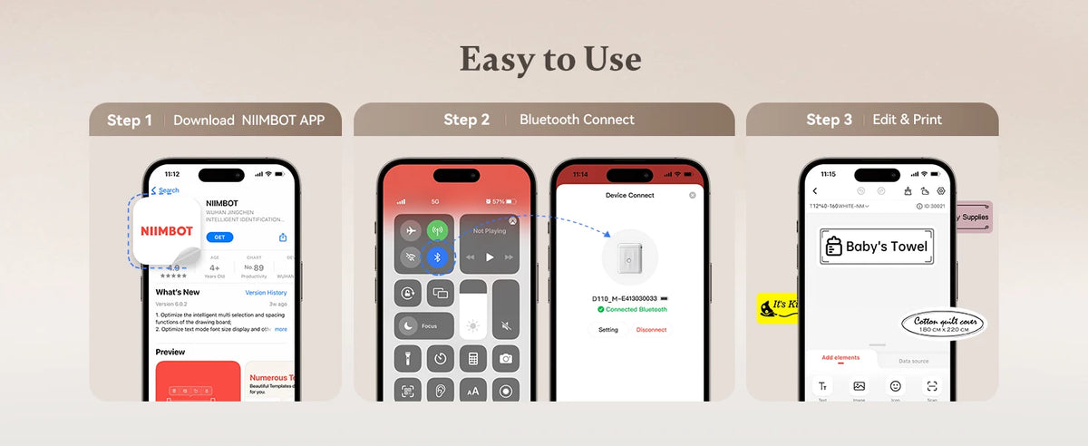 Trois étapes sur smartphone : téléchargement de l'application, connexion Bluetooth puis édition et impression de l'étiquette