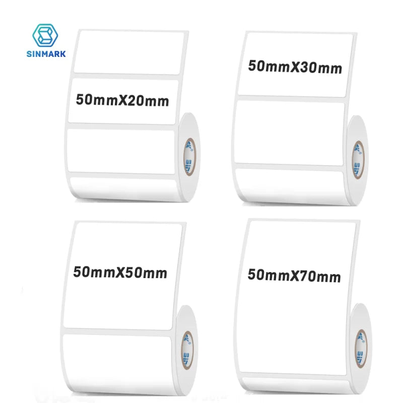 Quatre rouleaux d'étiquettes blanches cotés 50 x 20, 50 x 30, 50 x 50 et 50 x 70 mm