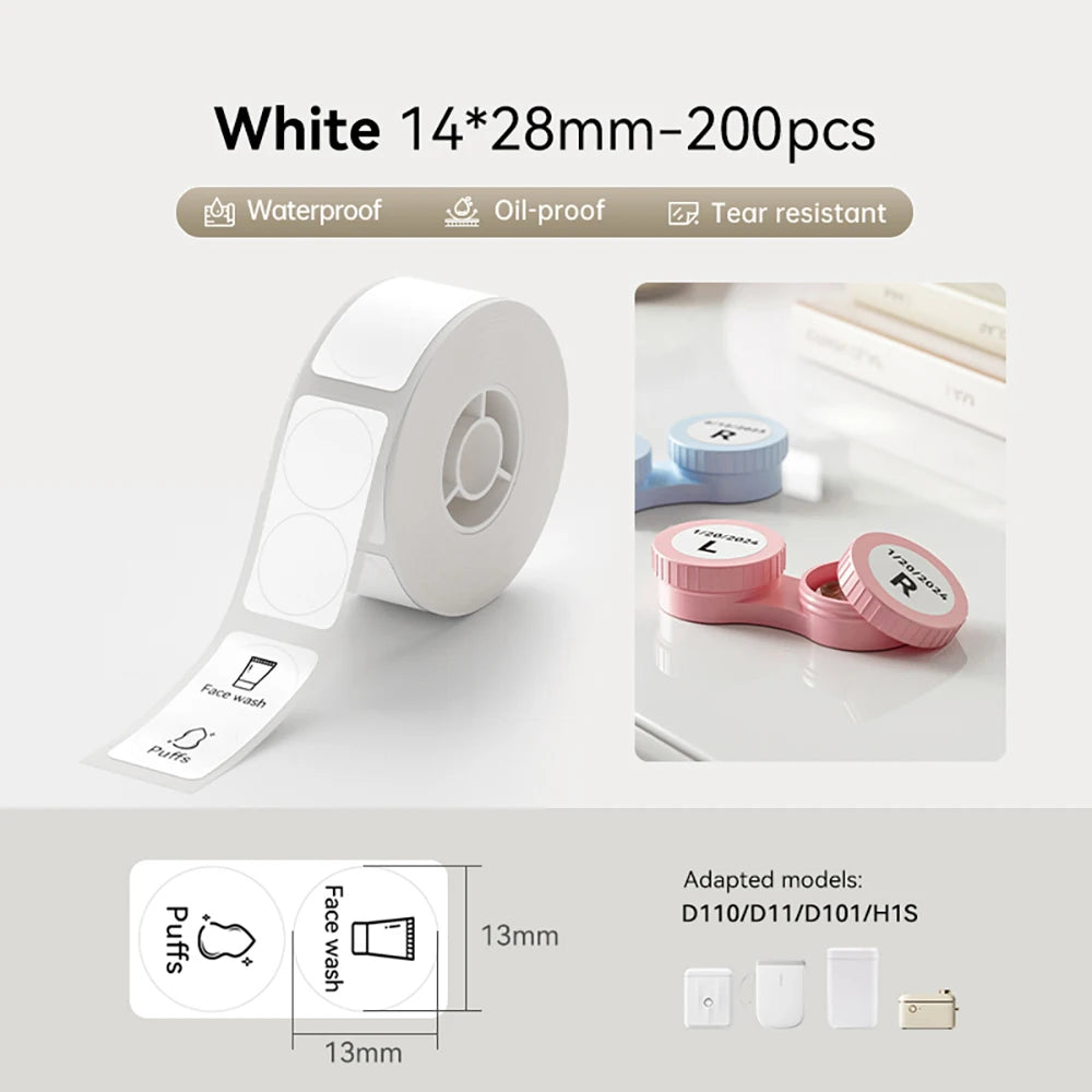 Rouleau d'étiquettes rondes blanches de 13 mm, exemples imprimés Puffs et Face wash, et étuis à lentilles repérés L et R