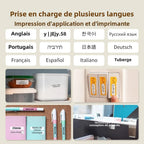 Tableau des langues de l'application en français, au-dessus de quatre photos d'étiquettes sur boîtes, interrupteurs, stylos et classeurs