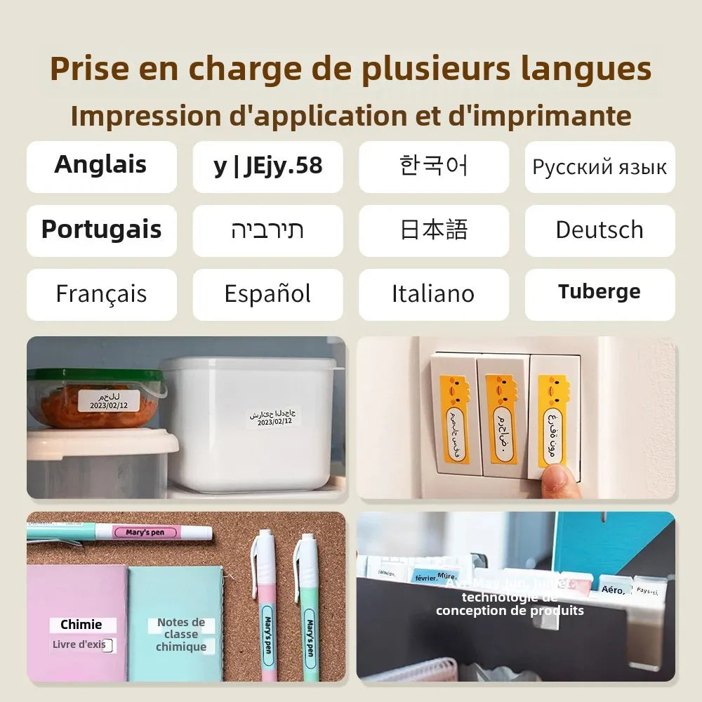 Tableau des langues de l'application en français, au-dessus de quatre photos d'étiquettes sur boîtes, interrupteurs, stylos et classeurs