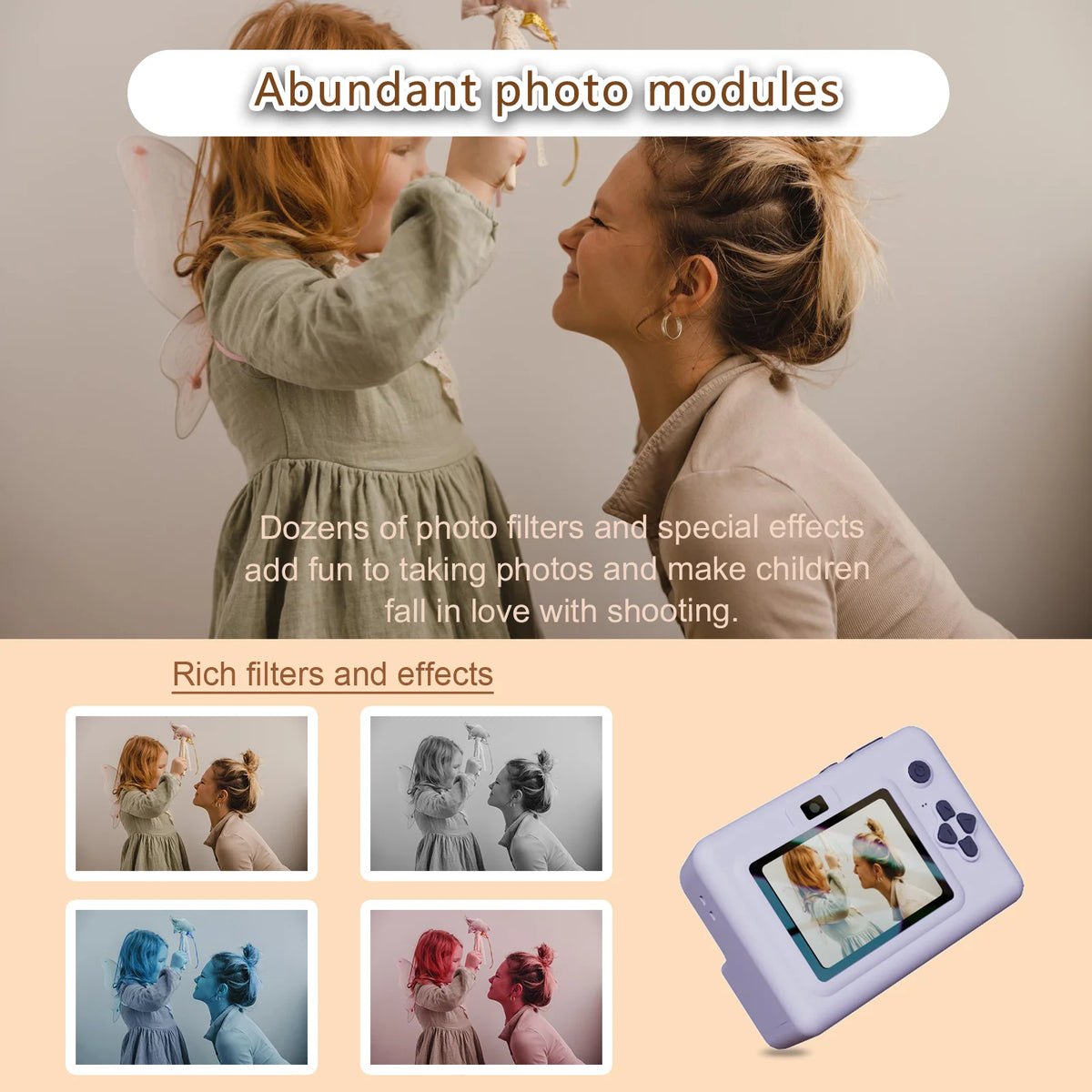 Photo d'une mère et sa fille déclinée en quatre filtres, couleur, noir et blanc, bleu et rose, sur l'écran de l'appareil violet