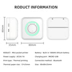 Fiche technique : impression thermique, papier 57x25 mm, batterie lithium, port micro-USB et Bluetooth