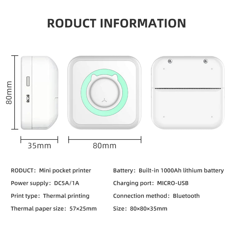 Fiche technique : impression thermique, papier 57x25 mm, batterie lithium, port micro-USB et Bluetooth