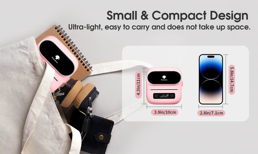 Imprimante rose glissée dans un sac en toile, avec un schéma comparant sa taille à celle d'un smartphone