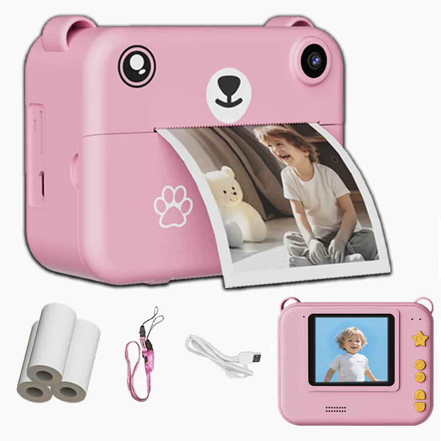 Appareil ourson rose sortant le portrait d'un enfant, avec rouleaux, dragonne rose et câble USB