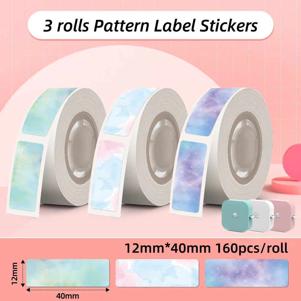 Trois rouleaux d'étiquettes aquarelle vert, rose et violet galaxie, format 12 x 40 mm, 160 pièces par rouleau