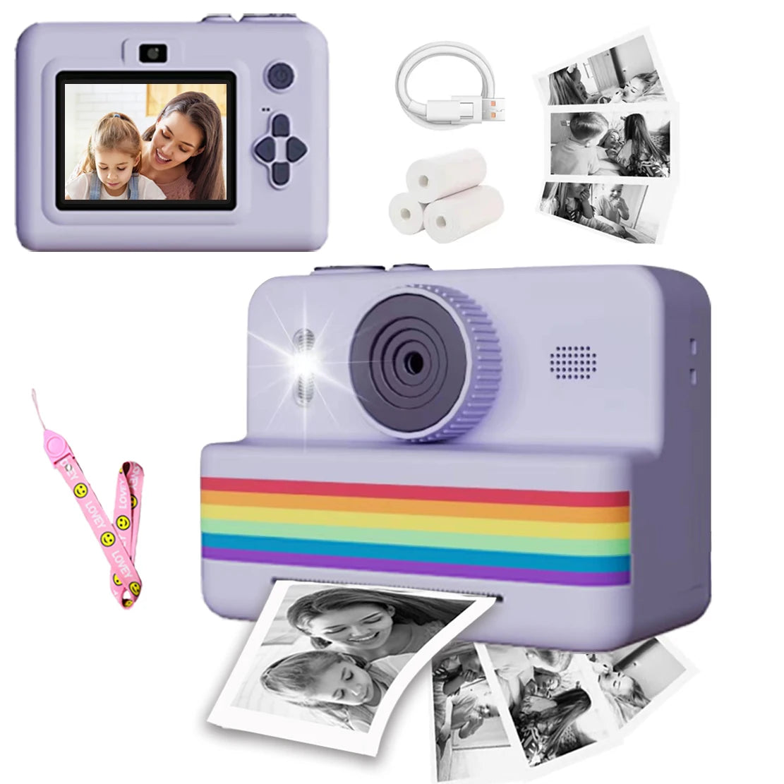 Appareil photo violet avec dragonne rose, câble USB, trois rouleaux de papier et photos imprimées