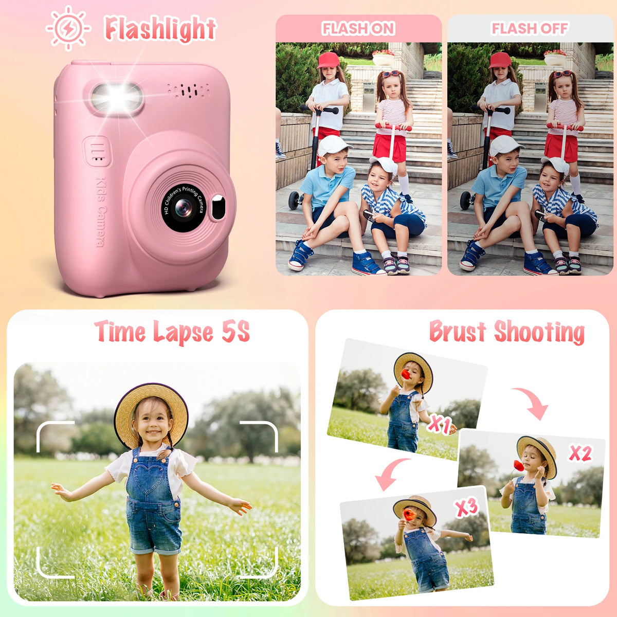 Comparaison flash allumé et flash éteint sur des photos d'enfants, avec time lapse et mode rafale