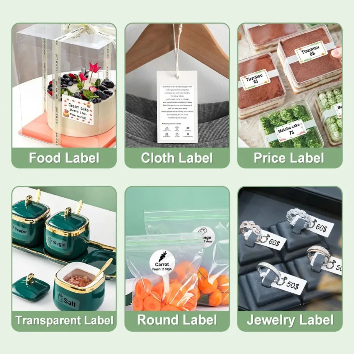 Six usages : gâteau, étiquette de vêtement, prix de tiramisu, pots à épices, sachet de carottes et bagues