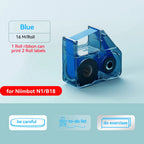Cassette de ruban carbone bleu de 16 m et trois étiquettes transparentes imprimées en bleu posées dessous