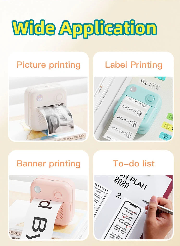 Quatre applications montrées : impression de photo, d'étiquette, de bannière et de liste de tâches