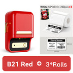 Imprimante B21 rouge et trois rouleaux de 230 étiquettes 50 x 30 mm, exemple d'étiquette de prix à 7,01