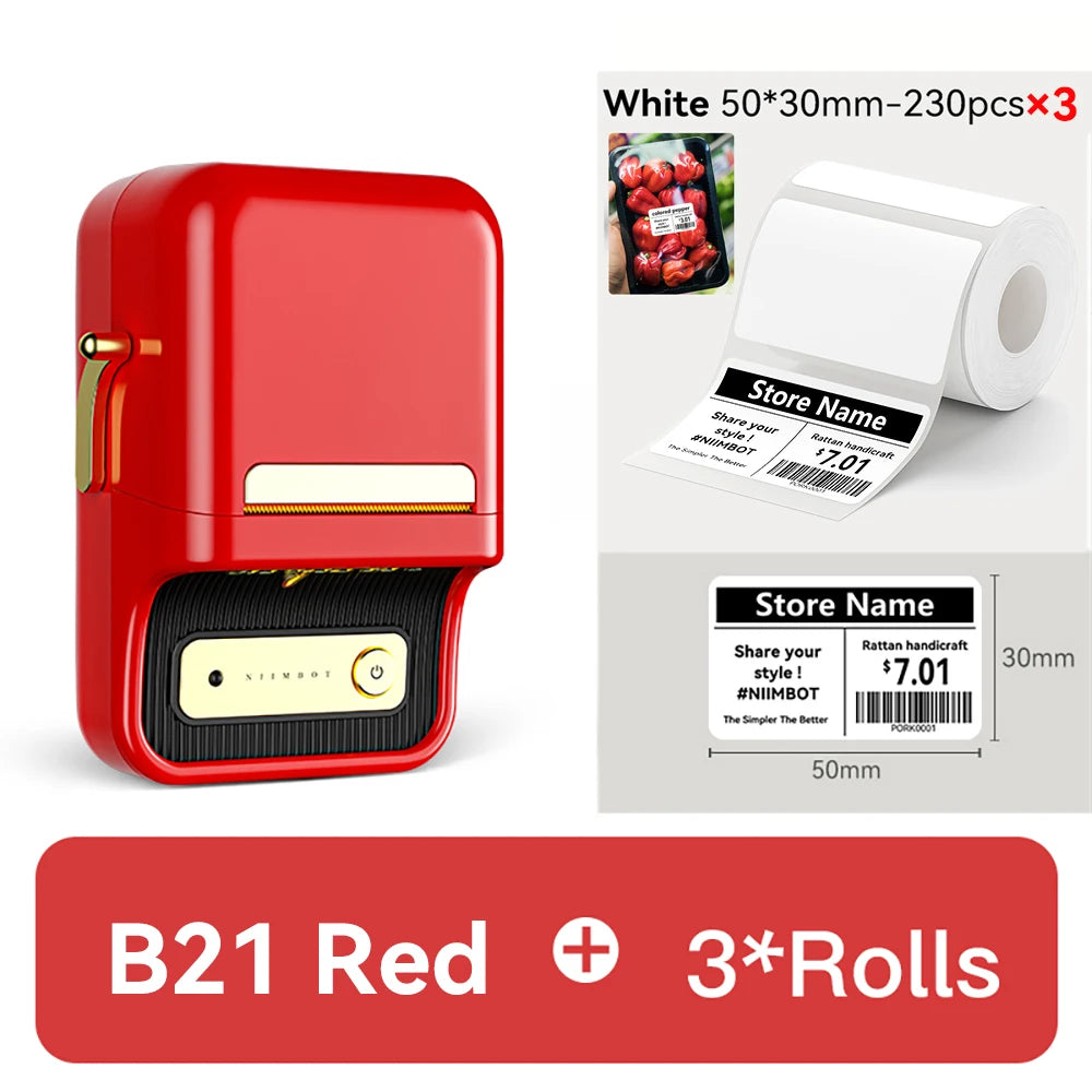 Imprimante B21 rouge et trois rouleaux de 230 étiquettes 50 x 30 mm, exemple d'étiquette de prix à 7,01