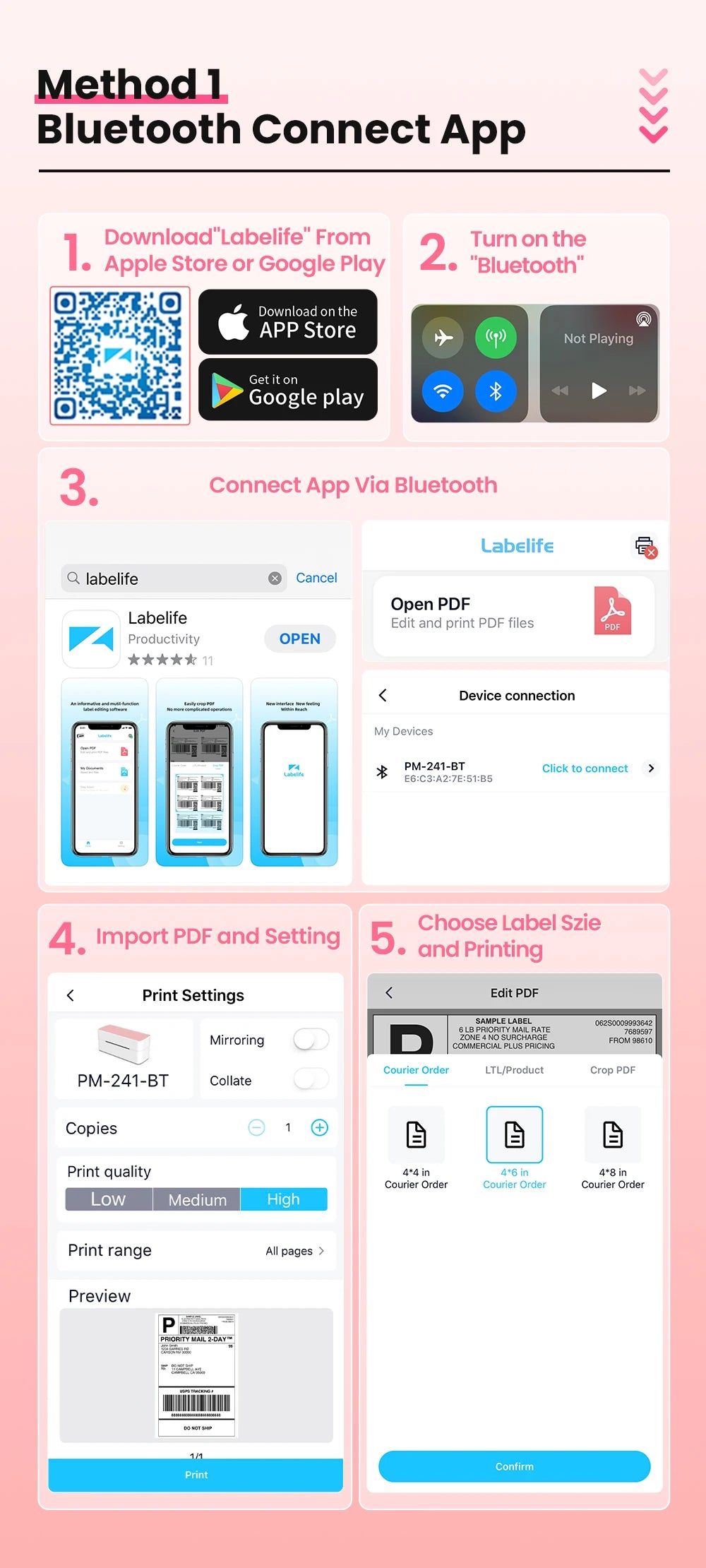 Méthode 1, connexion Bluetooth : captures de l'application mobile et QR code de téléchargement