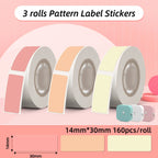 Trois rouleaux d'étiquettes pastel rose, abricot et jaune, format 14 x 30 mm, 160 pièces par rouleau