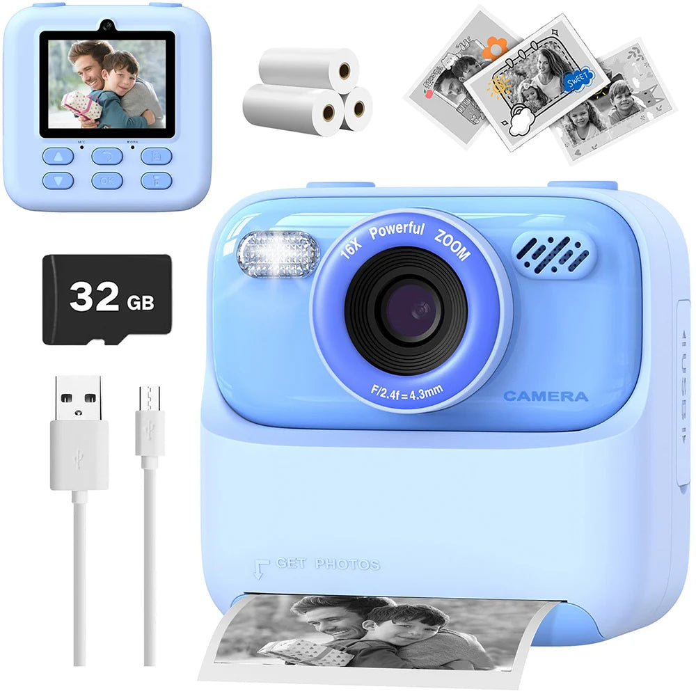 Ensemble bleu ciel avec écran arrière, trois rouleaux de papier thermique, carte 32 Go et câble USB