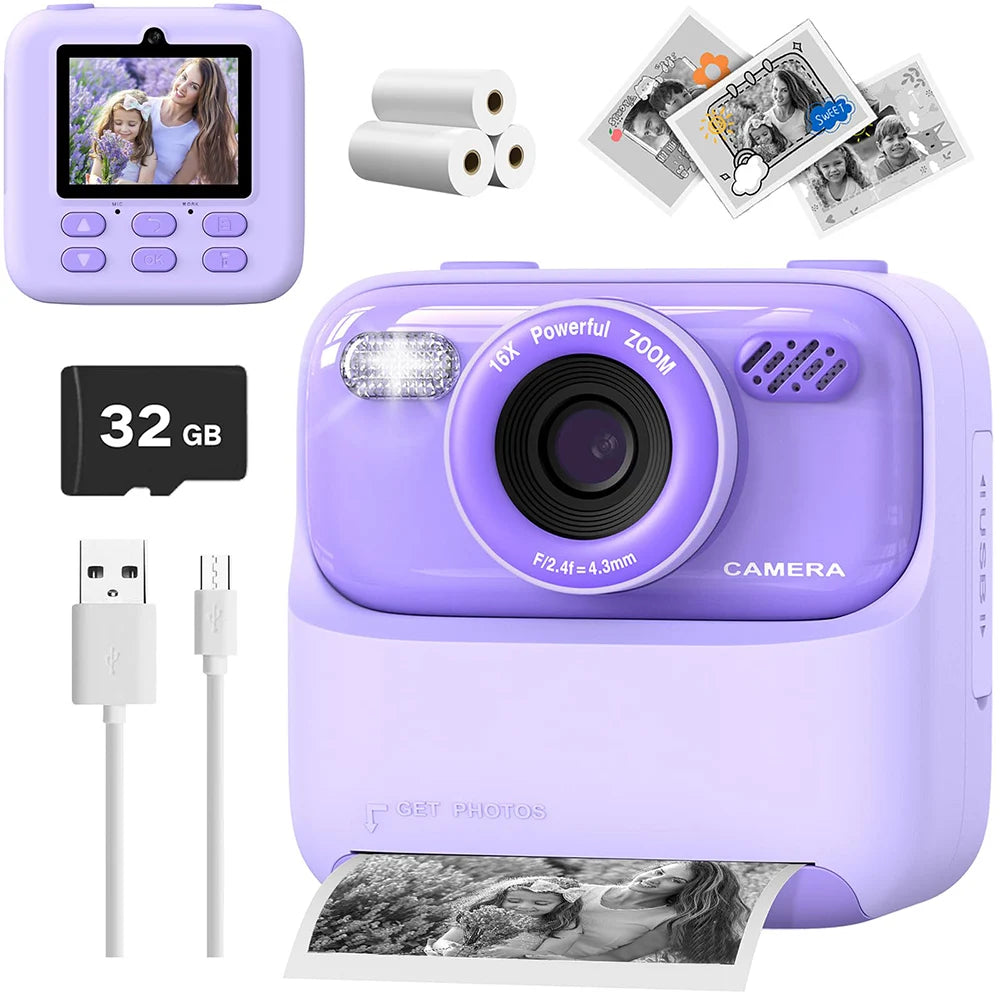 Ensemble violet parme, vue avant et arrière, rouleaux de papier, tirages, carte 32 Go et câble USB