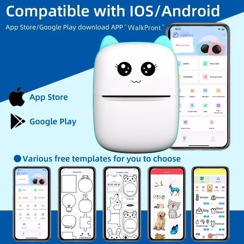 Bandeau bleu de compatibilité iOS et Android, avec l'imprimante menthe et cinq écrans de modèles à imprimer