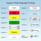 Tableau d'impression multilingue : le mot beignet imprimé sur des étiquettes en treize langues, de l'allemand au thaï