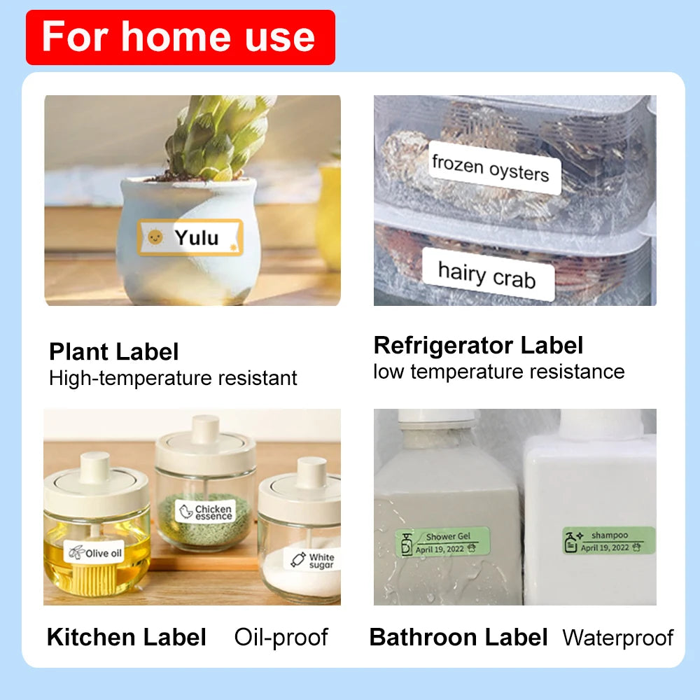 Étiquettes à la maison : pot de plante, bacs au réfrigérateur, bocaux de cuisine et flacons de salle de bain