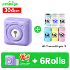 Imprimante violette livrée avec six rouleaux de papier thermique à motifs panda, bleus, blancs, jaune et rose