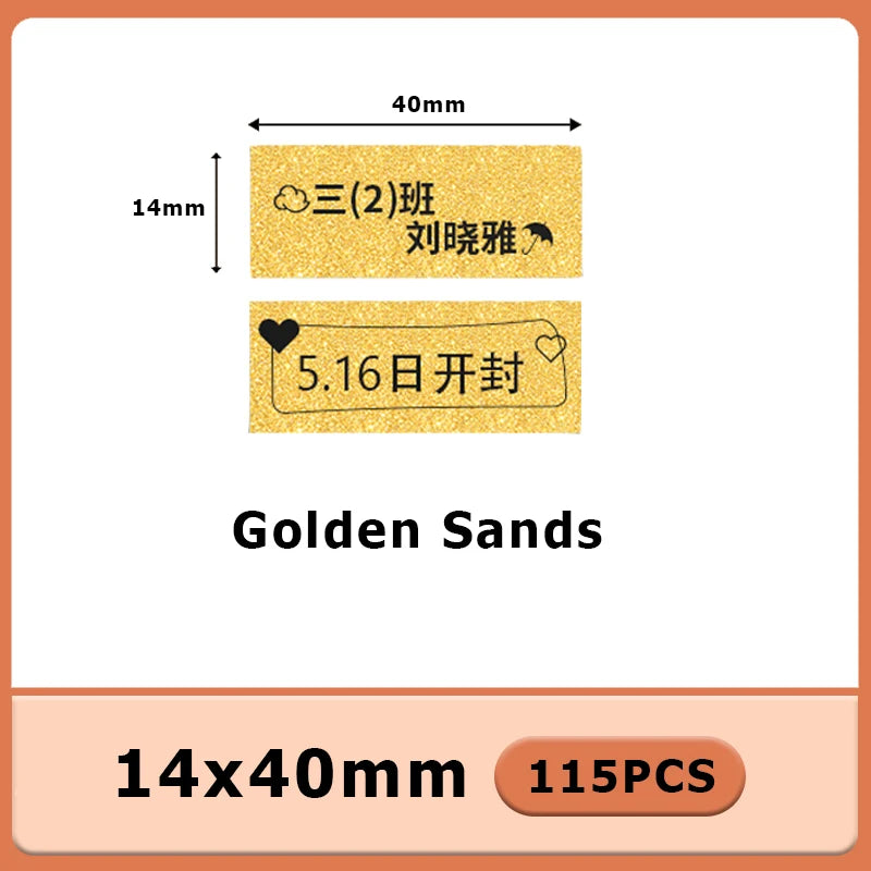 Deux étiquettes dorées Golden Sands imprimées d'un texte et d'une date, au format 40 x 14 mm
