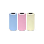 Trois rouleaux de papier thermique pastel, un bleu, un rose et un jaune, alignés sur fond blanc