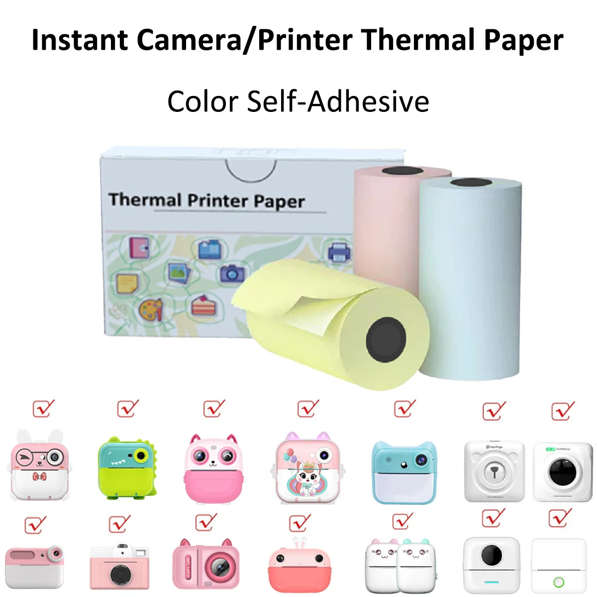 Coffret Thermal Printer Paper auto-adhésif de couleur, avec des rouleaux jaune, rose et bleu déroulés