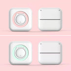 Quatre mini imprimantes sur fond rose, vues de face et de dos, en version anneau rose et anneau vert