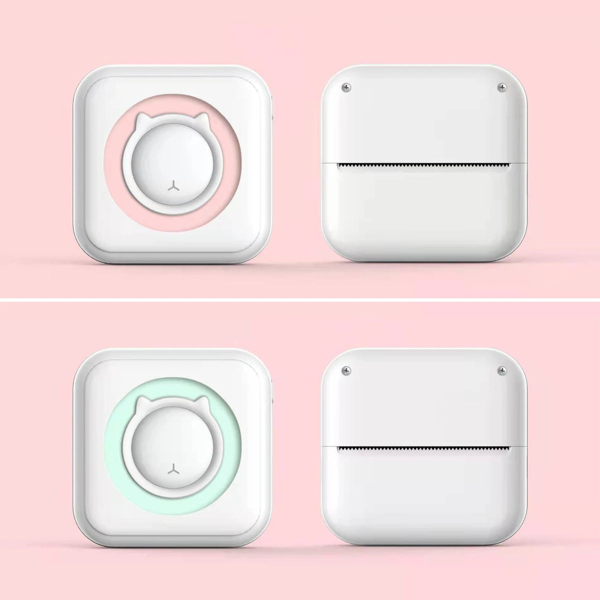 Quatre mini imprimantes sur fond rose, vues de face et de dos, en version anneau rose et anneau vert