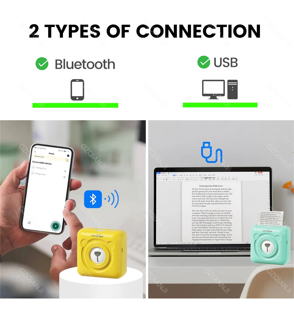Deux modes de connexion illustrés : Bluetooth depuis un smartphone et câble USB vers un ordinateur