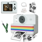 Appareil photo enfant blanc à bande arc-en-ciel, avec dragonne verte, câble USB, rouleaux et photos imprimées