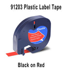 Cassette de bande plastique rouge référencée 91203, avec un extrait de ruban et la mention Black on Red