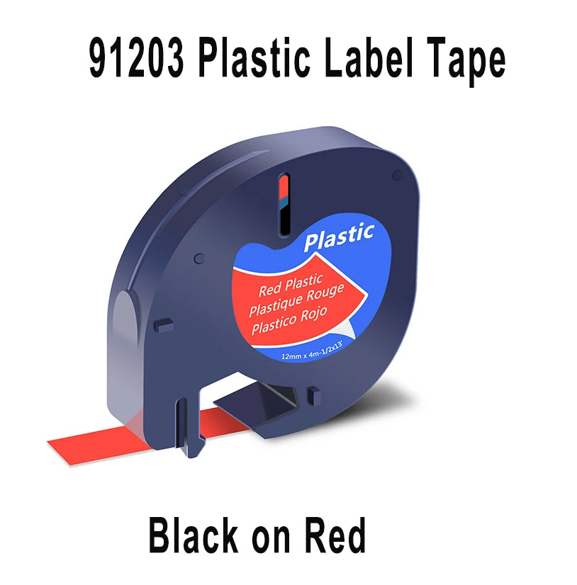 Cassette de bande plastique rouge référencée 91203, avec un extrait de ruban et la mention Black on Red