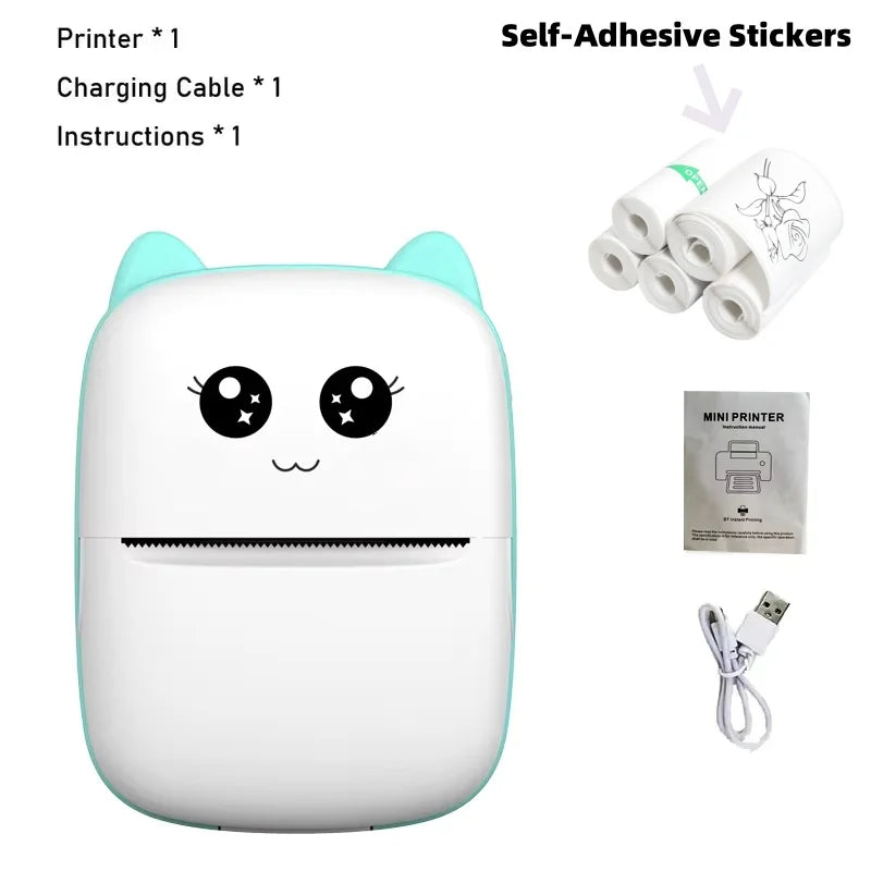 Coffret de l'imprimante chat menthe avec un lot de rouleaux d'étiquettes autocollantes, la notice et le câble de recharge