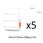 Lot de cinq rouleaux d'étiquettes 50 x 20 mm, 280 étiquettes par rouleau, avec schéma coté