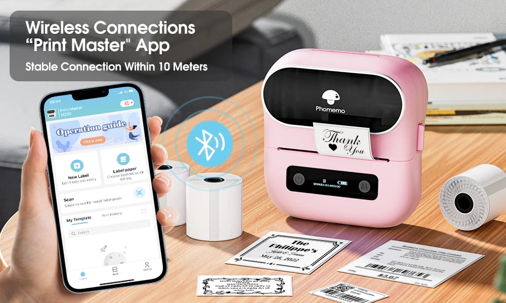 Imprimante rose et smartphone reliés en Bluetooth, connexion annoncée stable jusqu'à 10 mètres