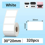 Rouleau du format 30 x 20 mm, 320 étiquettes blanches, présenté avec sa cotation et trois modèles d'imprimantes