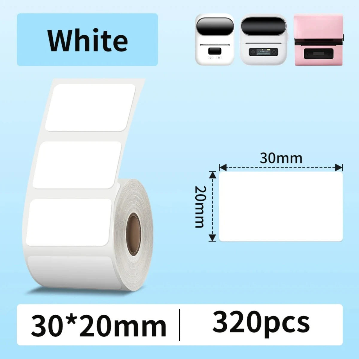 Rouleau d'étiquettes blanches rectangulaires cotées 30 x 20 mm, conditionnement de 320 pièces sur fond bleu