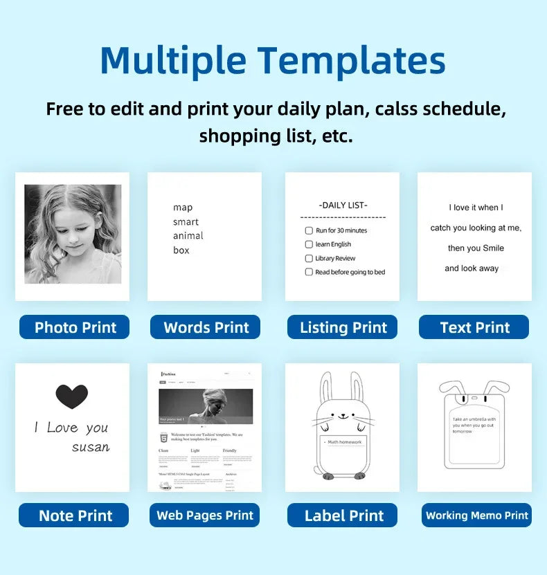 Huit modèles d'impression : photo, mots, liste, texte, note, page web, étiquette et mémo de travail