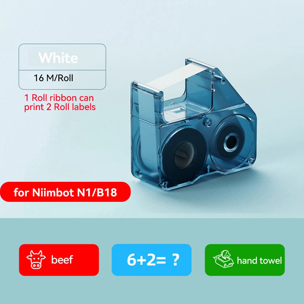 Cassette de ruban carbone blanc de 16 m et trois étiquettes imprimées en blanc sur fond rouge, bleu et vert