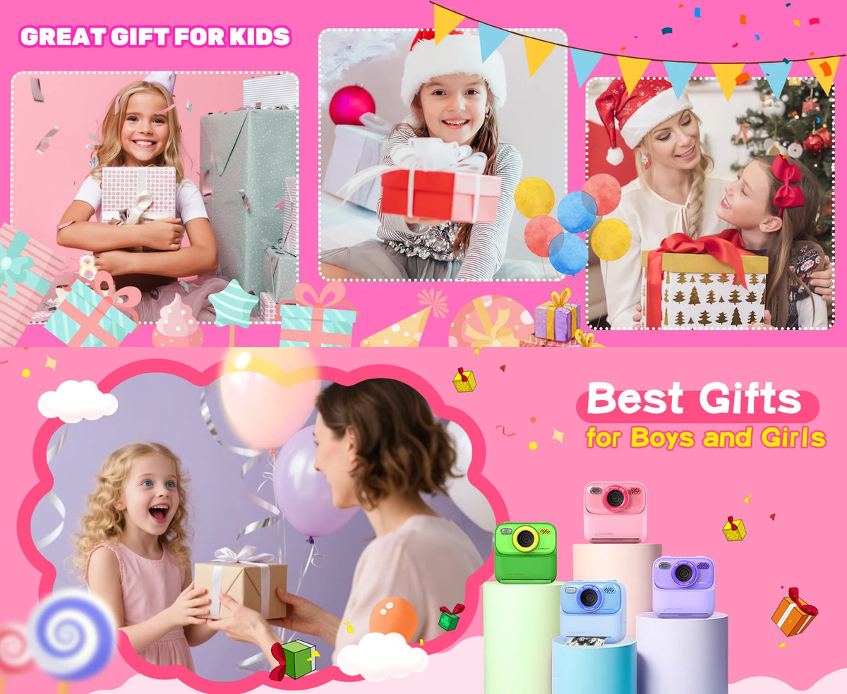 Idée cadeau : enfants ouvrant des paquets à Noël et lors d'une fête, appareils vert, rose, bleu et violet posés sur des podiums