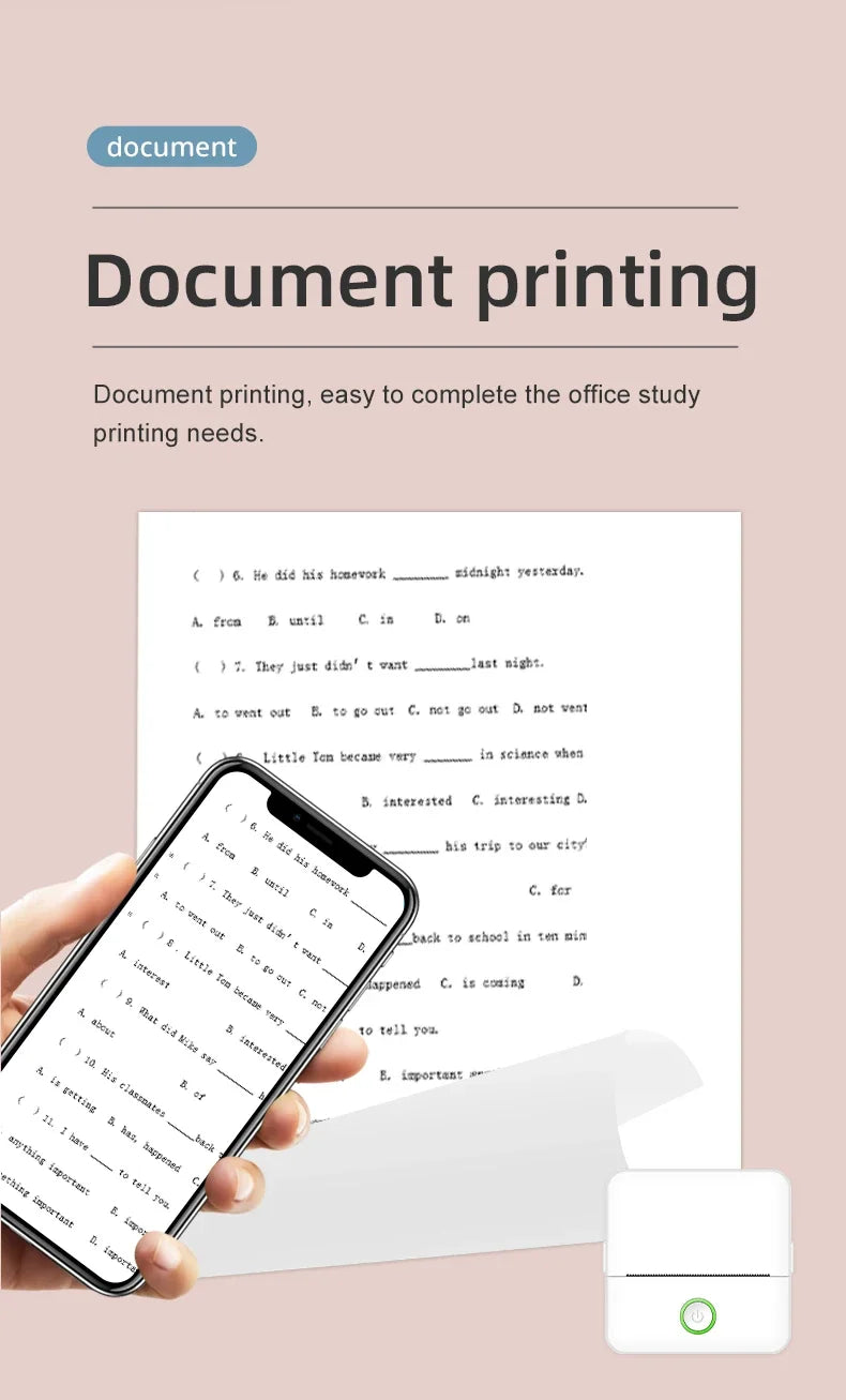 Main tenant un smartphone qui affiche un exercice, devant la feuille de document imprimée et l'imprimante