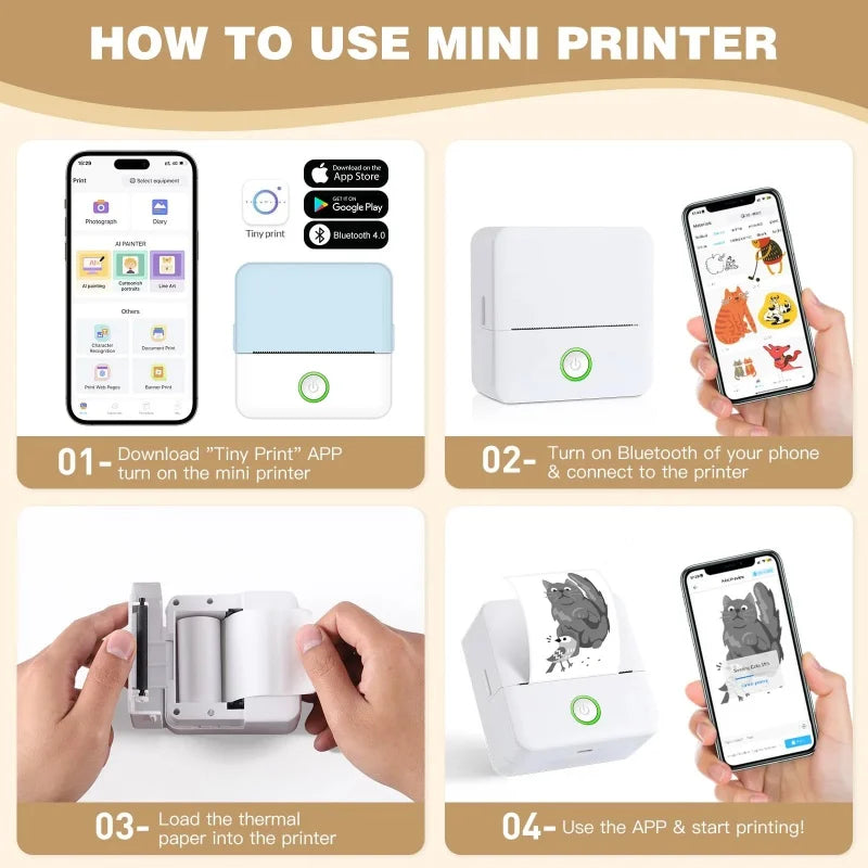 Tutoriel en quatre étapes : installer l'application, activer le Bluetooth, charger le papier, lancer l'impression
