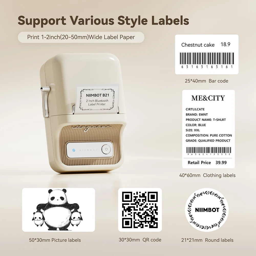 Panorama d'étiquettes imprimées : code-barres 25x40 mm, vêtement 40x60 mm, QR code 30x30 mm et rond 21x21 mm