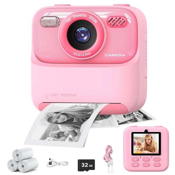 Appareil Photo Imprimante Thermique Zoom — Double Objectif 16x, Carte SD 32 Go Incluse, Impression Instantanée Enfant Dès 3 Ans