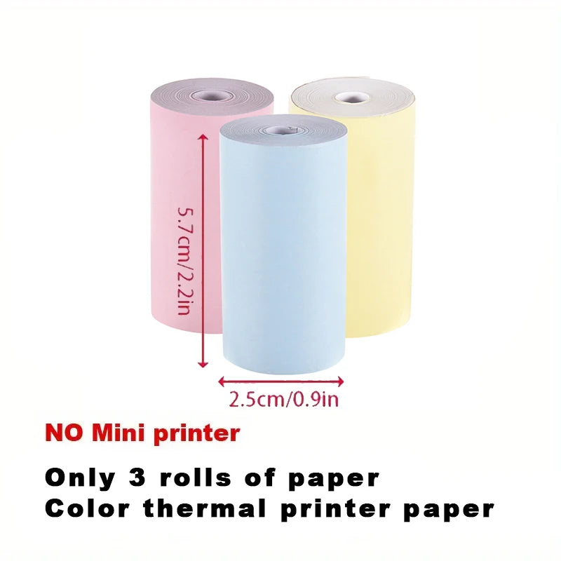 Trois rouleaux de papier thermique rose, bleu et jaune vendus seuls, cotés 5,7 cm et 2,5 cm