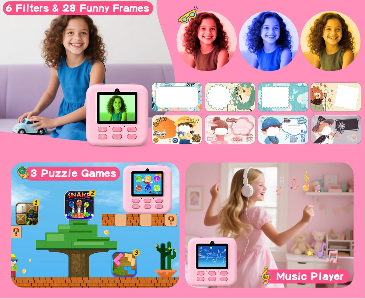 Six filtres colorés, planches de cadres amusants, trois jeux façon plateforme et lecteur de musique